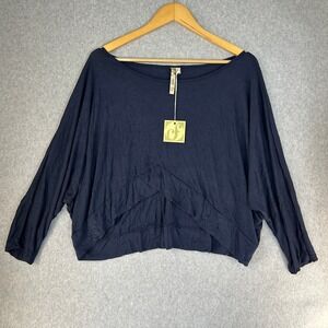 Comfy USA Becky Topper Navy Blue Crinkle Dolman Sleeve Crop Top Size Large NWT